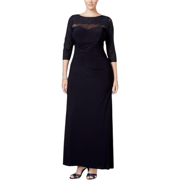 Xscape Dress Women 10 Petite Navy Blue‎ Ruched Long Lace Sleeve Gown Cocktail - Picture 1 of 13